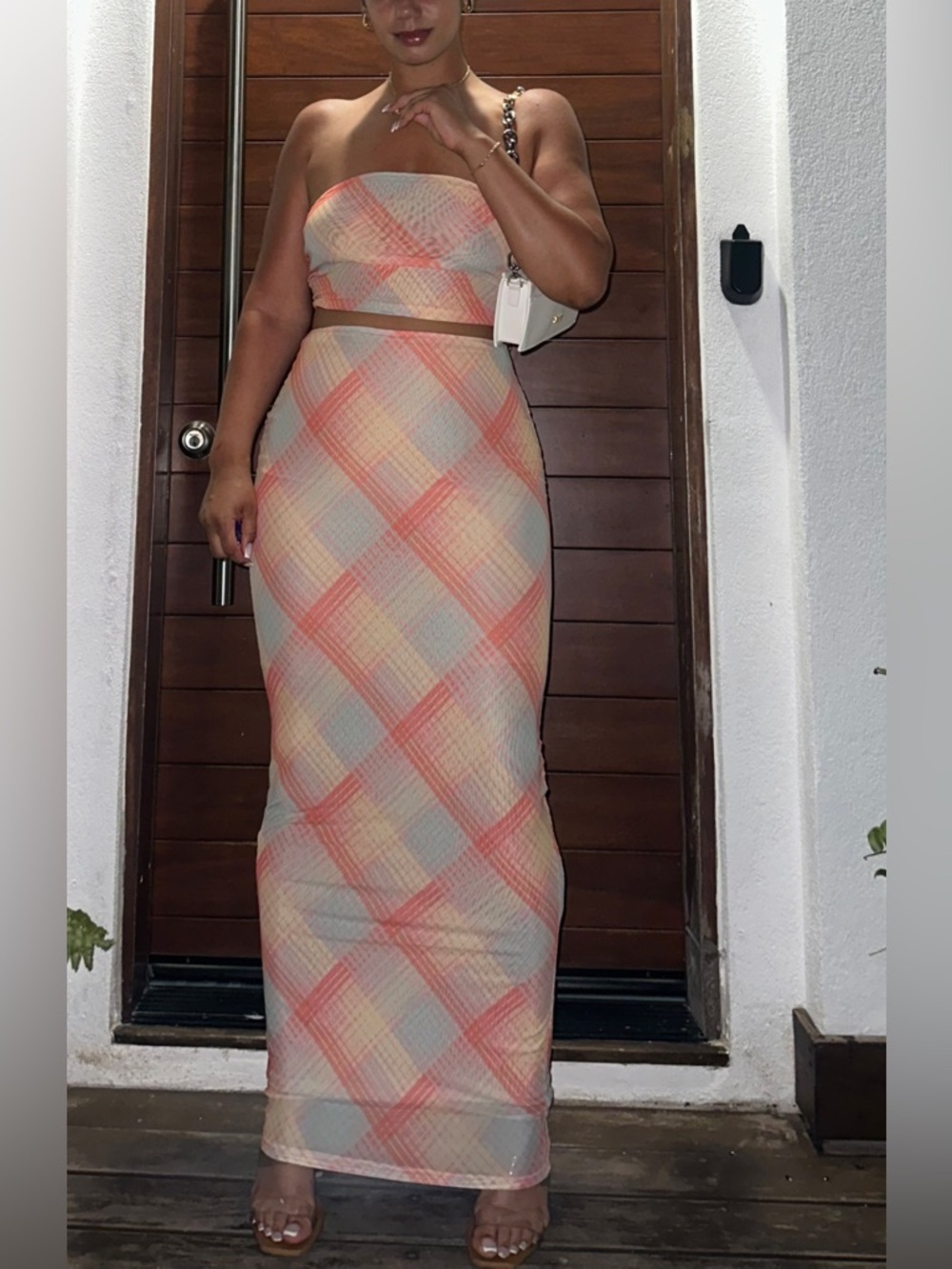 Strapless Pastel Plaid Maxi Dress Set